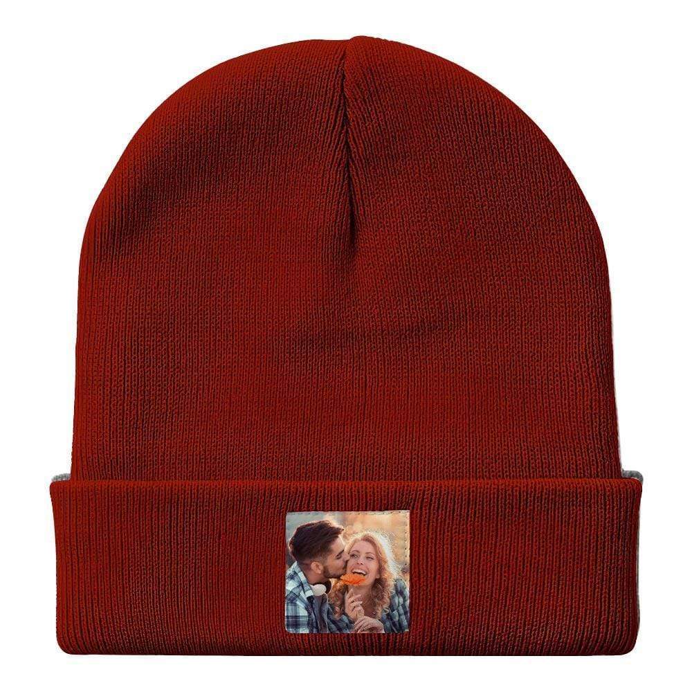 Custom photo knitted beanie – personalised winter hat showing printed photo detail, available in four colours, unisex adult fit