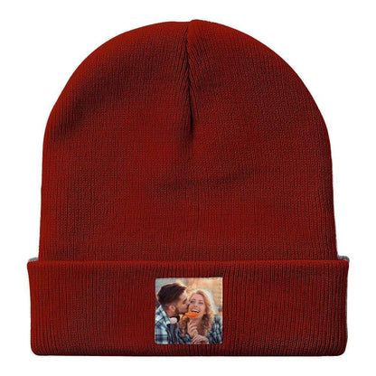 Custom photo knitted beanie – personalised winter hat showing printed photo detail, available in four colours, unisex adult fit
