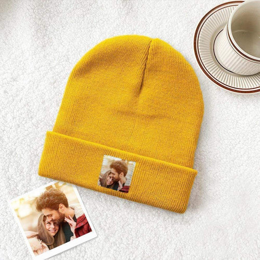 Personalised photo beanie hat – custom knitted winter hat (colour option C), unisex adult, soft thermal acrylic, ear-covering, ideal gift