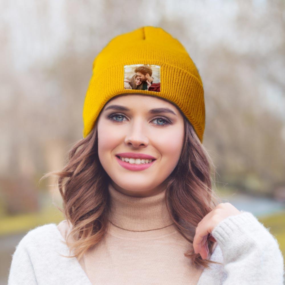 Personalised beanie close-up – knitted custom photo hat in colour C, showing texture of elastic acrylic and printed personalised design