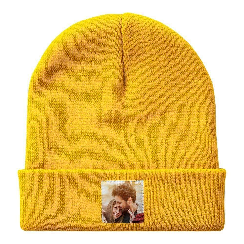Personalised photo beanie hat – custom knitted winter hat (colour option C), unisex adult, soft thermal acrylic, ear-covering, ideal gift