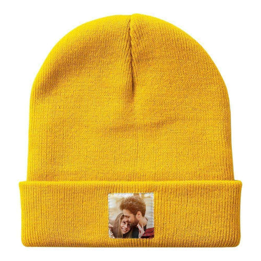 Personalised photo beanie hat – custom knitted winter hat (colour option C), unisex adult, soft thermal acrylic, ear-covering, ideal gift