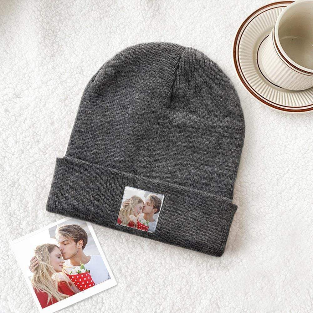 Personalised knitted beanie hat – colour option C, custom photo print on soft elastic acrylic, perfect practical gift for friends and family