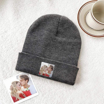 Personalised knitted beanie hat – colour option C, custom photo print on soft elastic acrylic, perfect practical gift for friends and family