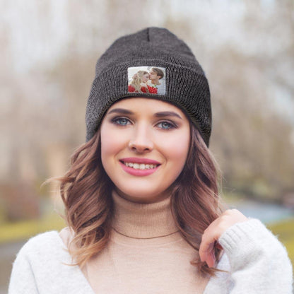 Custom photo beanie – knitted winter hat in colour B, warm elastic acrylic material, perfect for skating, skiing or everyday cold-weather wear