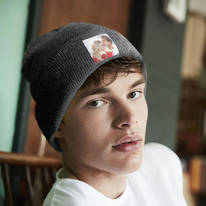 Personalised photo beanie hat (colour D) – close-up of custom knitted design, quality-inspected personalised hat before dispatch for clarity
