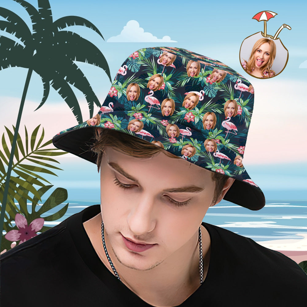 Personalised bucket hat on model — breathable, lightweight summer sun hat with full-frame custom print and UV protection