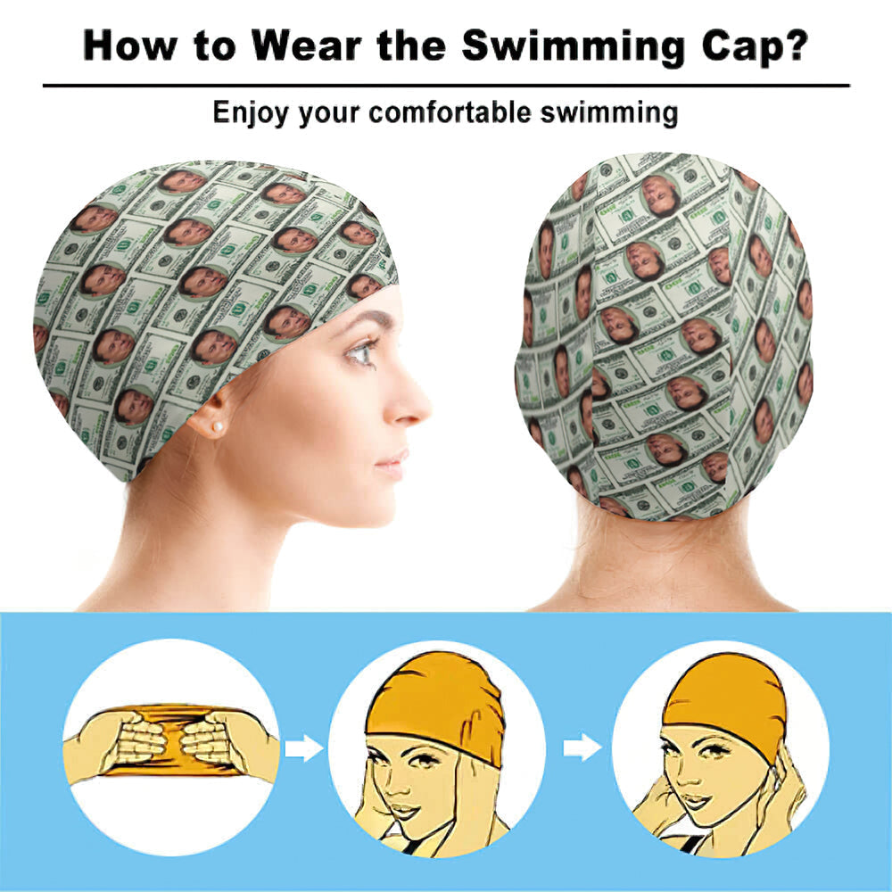 Close‑up of personalised swim cap fabric and vivid print quality on 92% polyester 8% spandex — shows stretch, seam finish and detailed custom photo reproduction