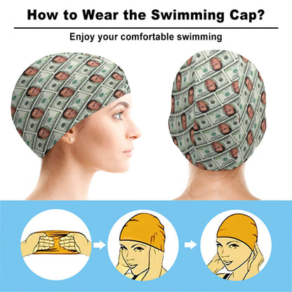 Close‑up of personalised swim cap fabric and vivid print quality on 92% polyester 8% spandex — shows stretch, seam finish and detailed custom photo reproduction