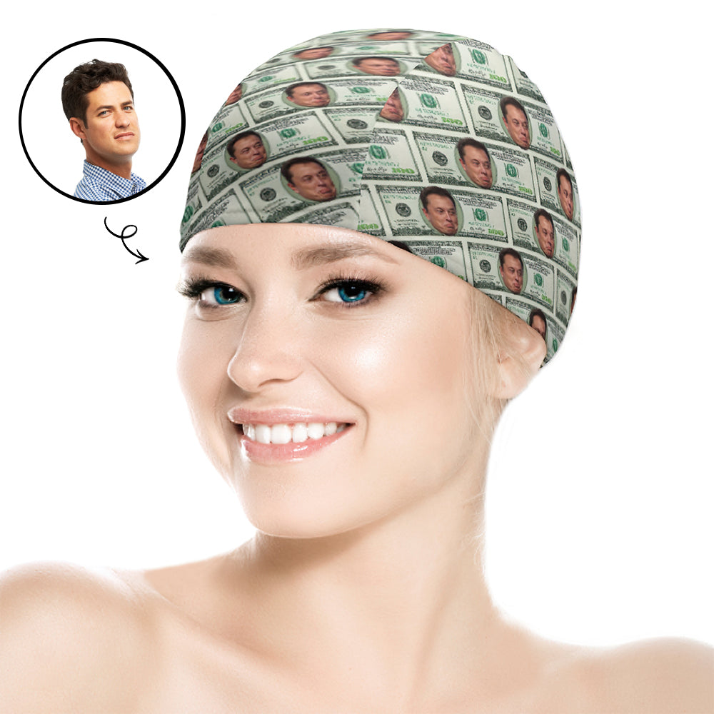 Personalised face swim cap with high‑resolution photo print and humorous money motif — funny custom swim hat for men and women, lightweight polyester‑spandex design