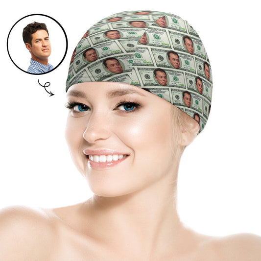 Personalised face swim cap with high‑resolution photo print and humorous money motif — funny custom swim hat for men and women, lightweight polyester‑spandex design