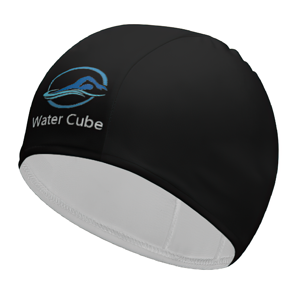Close-up of customised logo print on a personalised swim cap showing high-resolution customisation for competitions and gifts