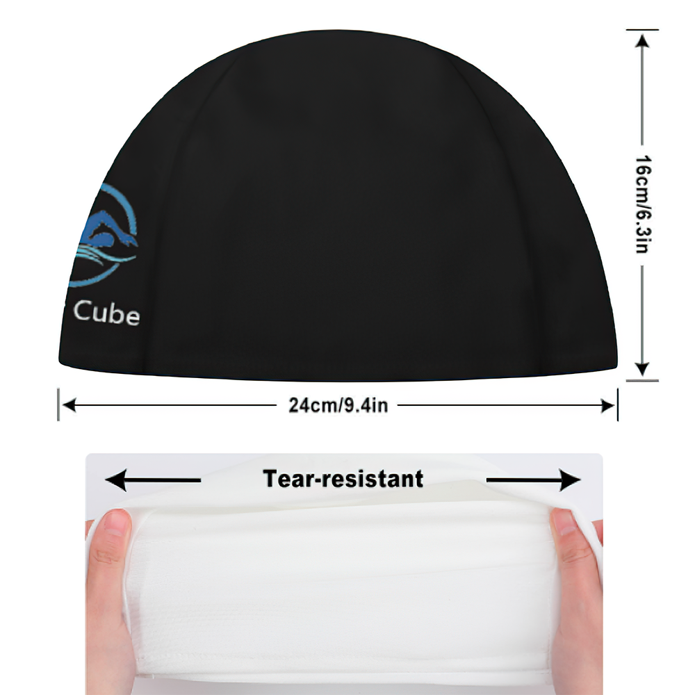 Side view of personalised custom logo swim cap demonstrating stretch fabric and snug fit suitable for adults and adolescents