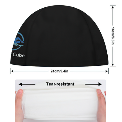 Side view of personalised custom logo swim cap demonstrating stretch fabric and snug fit suitable for adults and adolescents