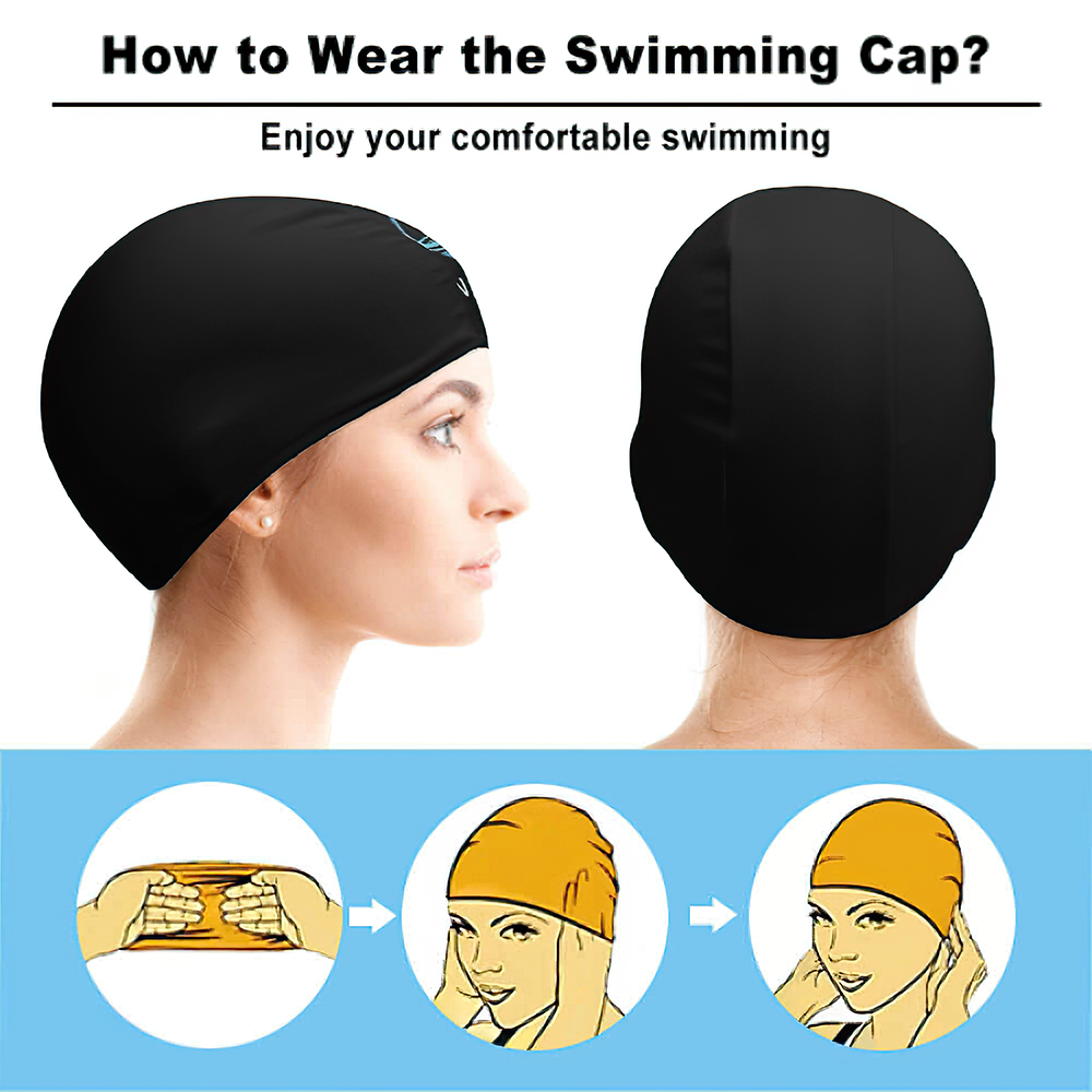Flat-lay of customisable swimming hat highlighting soft lightweight fabric and easy on/off design, alternative to silicone caps