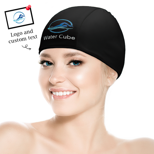 Front view of personalised custom logo swim cap on white background — customisable swimming hat for men and women, 92% polyester 8% spandex, comfortable stretch fit