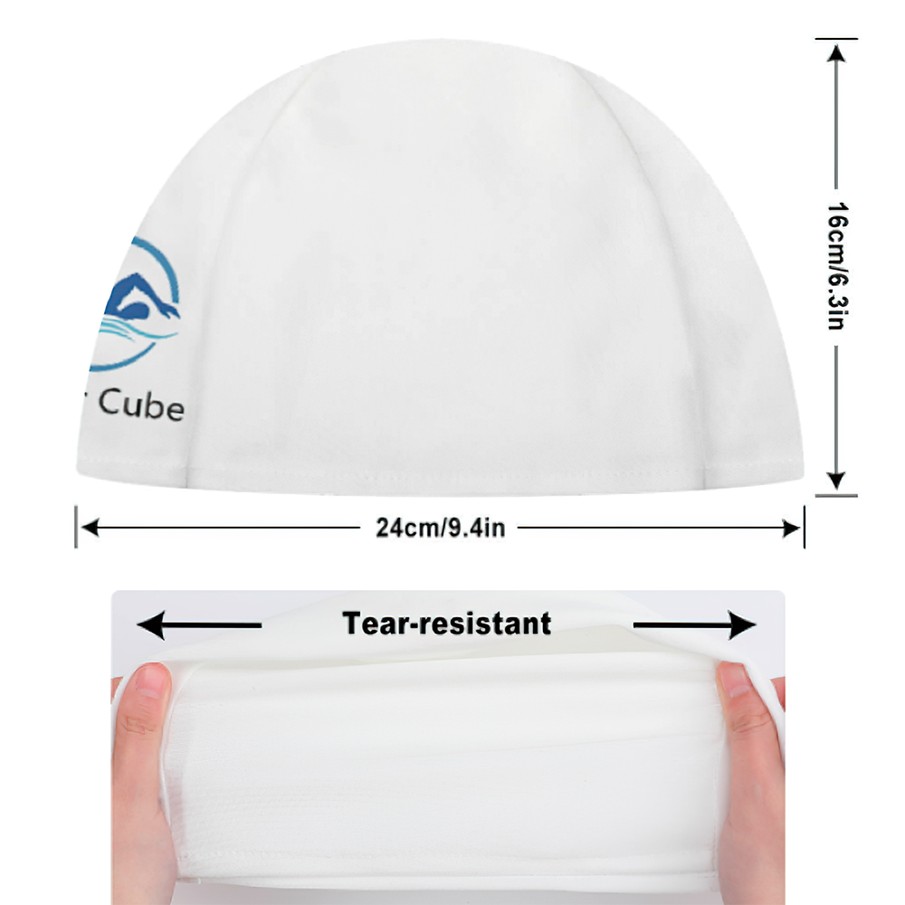 Top-down view showing shape and size of personalised custom logo swim cap, 24 x 16 cm, suitable for adults and adolescents