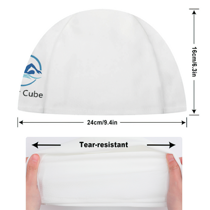 Top-down view showing shape and size of personalised custom logo swim cap, 24 x 16 cm, suitable for adults and adolescents