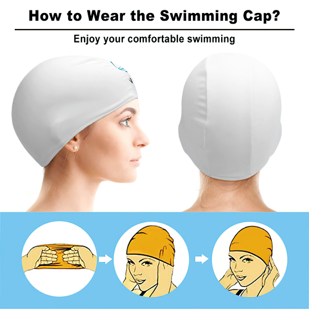 Array of personalised swim caps showing examples of custom text and logo placement for bespoke swimming hats