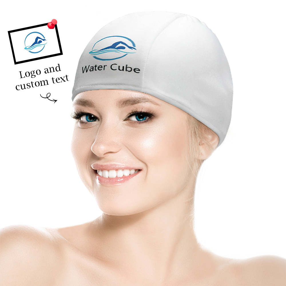 Alternate design of personalised custom logo swim cap in a different colourway — customisable swimming hat for men and women, ideal gift idea