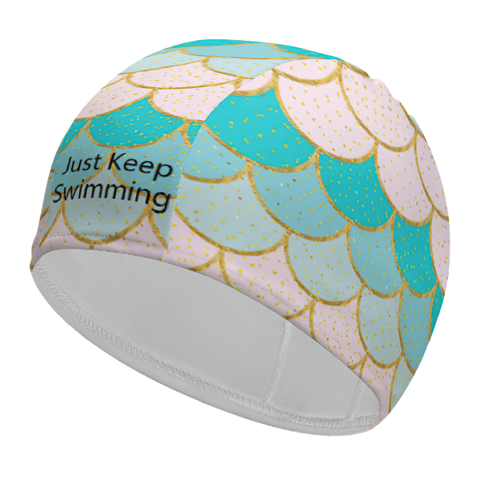 Close‑up of personalised shell swim cap fabric showing smooth polyester‑spandex texture and anti‑UV finish for customised swimming caps