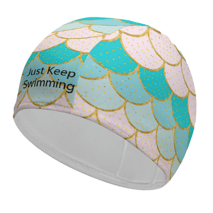 Close‑up of personalised shell swim cap fabric showing smooth polyester‑spandex texture and anti‑UV finish for customised swimming caps