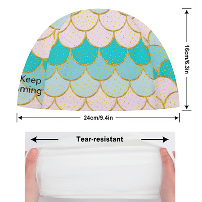Flat‑lay personalised shell swim cap displaying shape and stretch – easy on/off custom swimming cap for adults and adolescents, unisex design