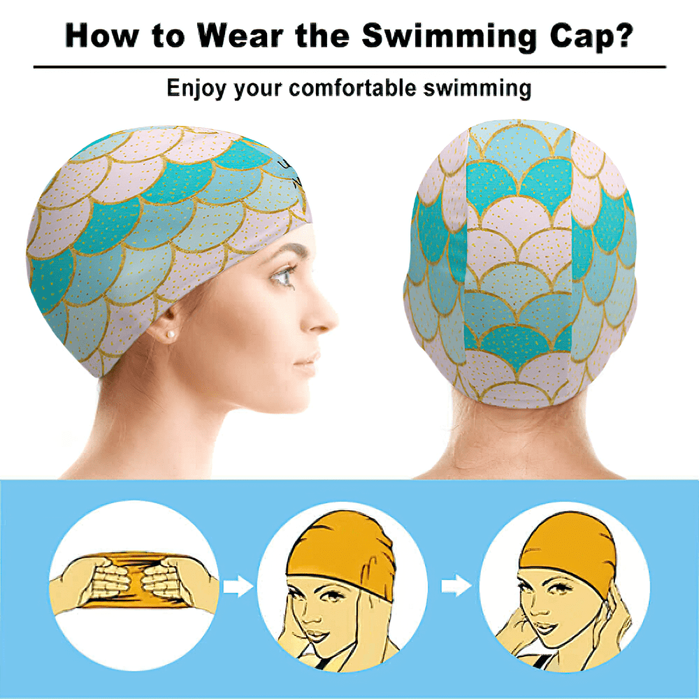 Model wearing personalised shell swim cap in pool – custom swimming cap for men & women, comfortable fit for recreational and competitive use