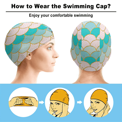 Model wearing personalised shell swim cap in pool – custom swimming cap for men & women, comfortable fit for recreational and competitive use