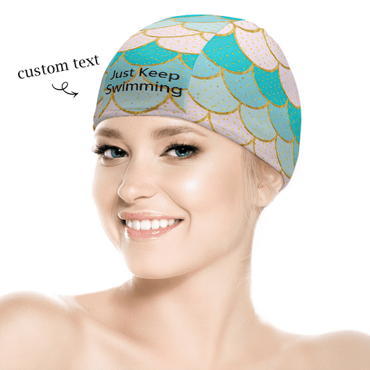 Personalised Shell Swim Cap front view with custom photo print – unisex custom swimming cap for men & women, lightweight and quick‑dry