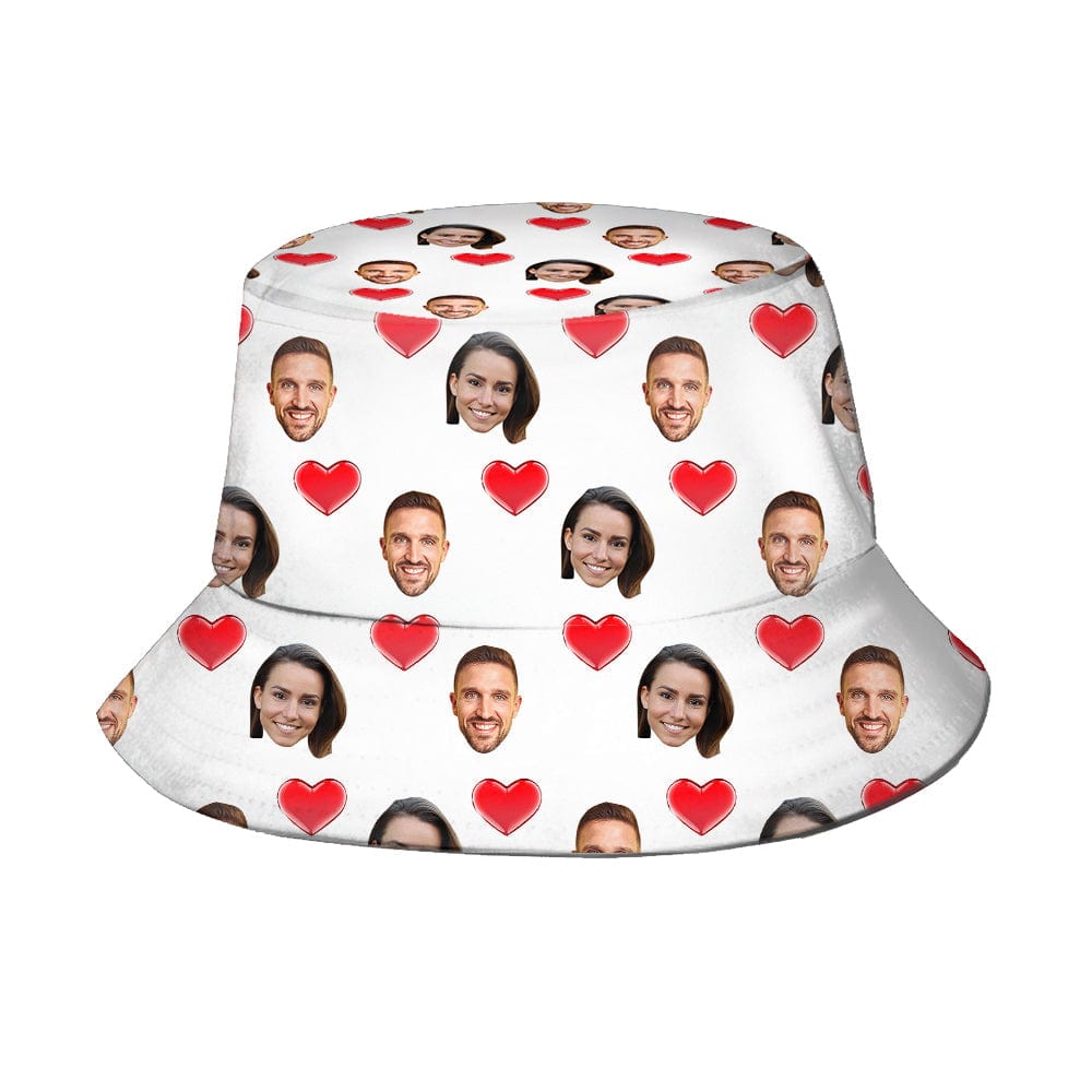 Personalised 2-Face Heart Print Bucket Hat front view showing a custom photo inside the heart motif on a unisex fisherman hat, lightweight polyester summer accessory
