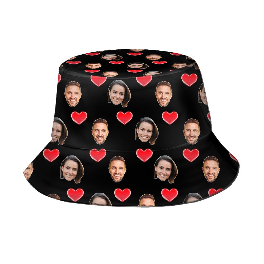 Reverse view of the 2-Face Heart Print bucket hat showing the second heart design, personalised for anniversaries or couples' gifts