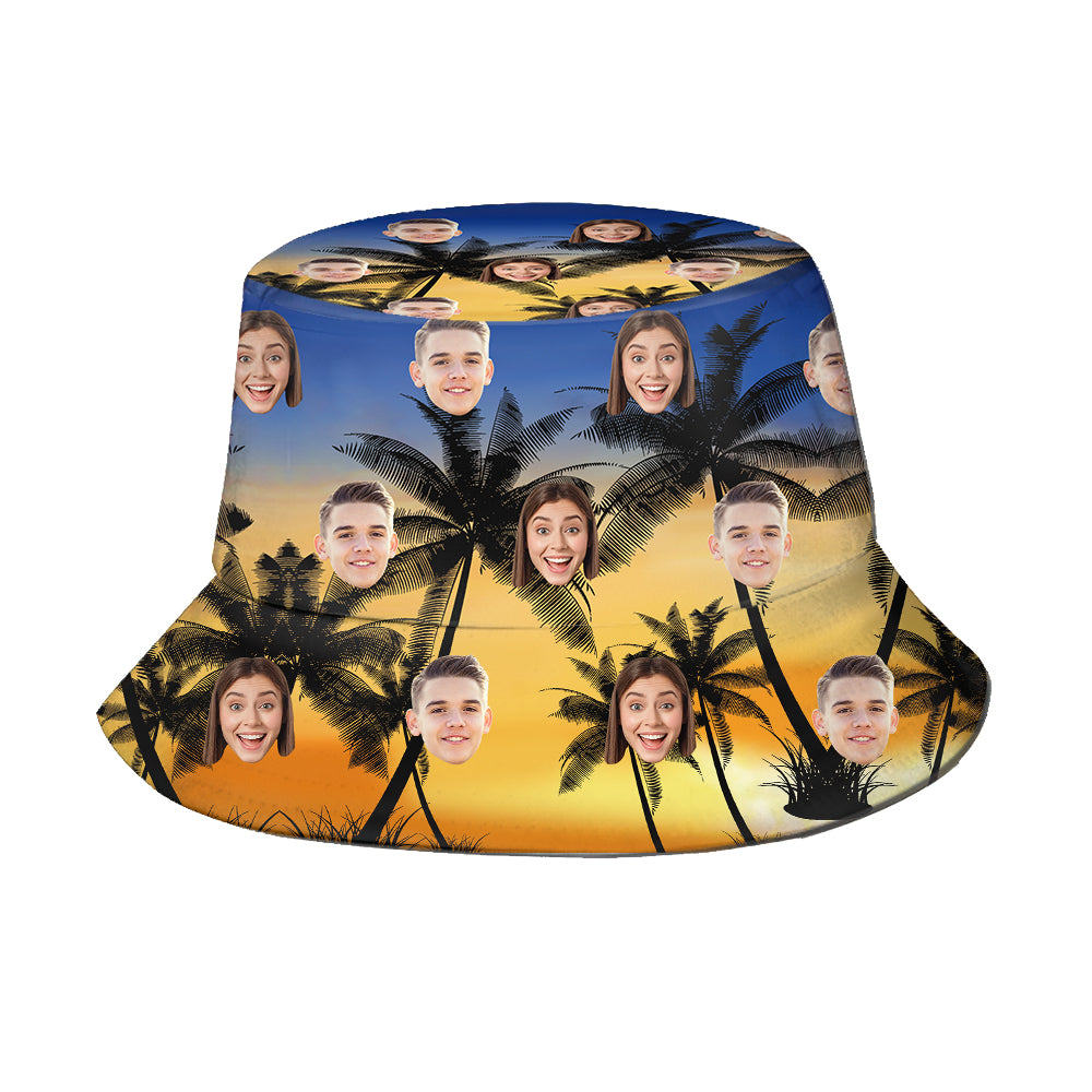Personalised photo print bucket hat styled for beachwear — UV protection summer cap and ideal personalised gift for outdoor lovers