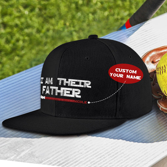 Personalised 'I Am Their Father' lightsaber baseball cap front view showing custom names with coloured lightsabers – custom name gift for Dad