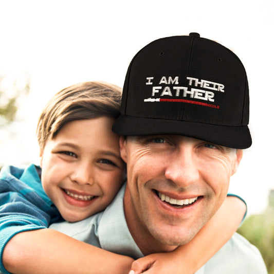 Personalised 'I Am Their Father' lightsaber baseball cap front view showing custom names with coloured lightsabers – custom name gift for Dad