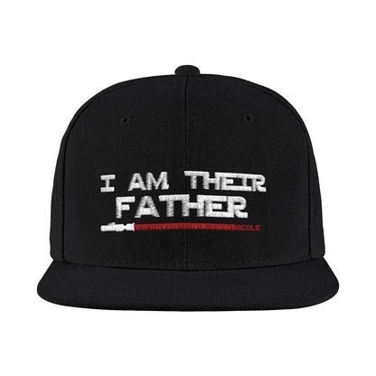 Angled shot of personalised 'I Am Their Father' cap highlighting multiple names and different coloured lightsabers – ideal Father's Day gift for Dad