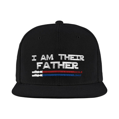 Flat-lay of personalised lightsaber baseball cap featuring 'I Am Their Father' text and personalised name graphics – bespoke gift for him