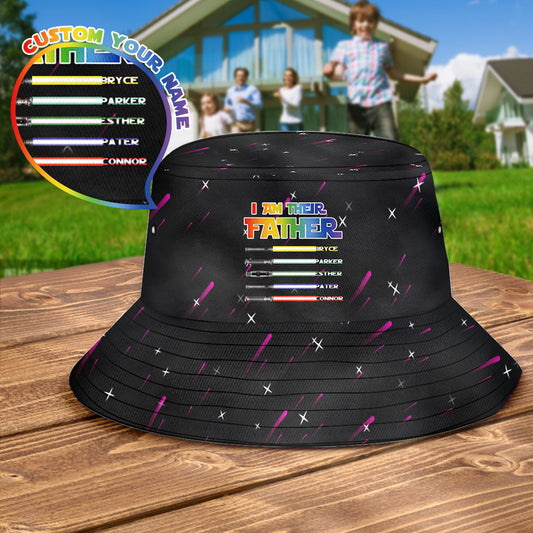 Personalised Lightsaber Bucket Hat ‘I Am Their Father’ showing nine custom lightsabers and names — perfect gifts for dad