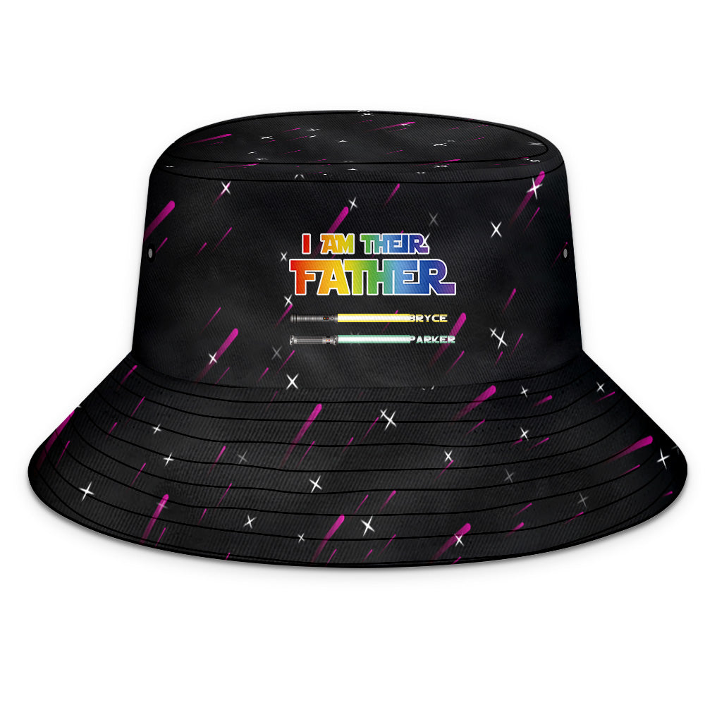 Flat‑lay of personalised lightsaber bucket hat displaying named blades in different colours — custom gifts for dad