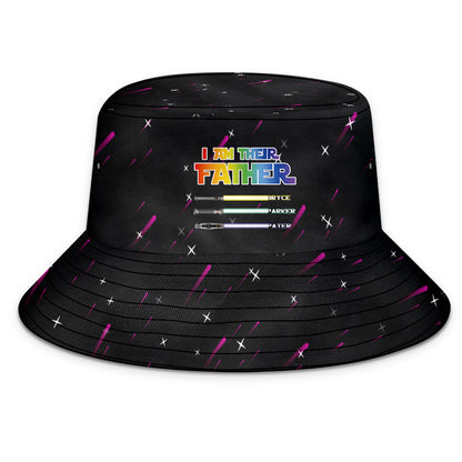Close‑up of printed lightsaber motif on polyester twill bucket hat — durable, foldable and breathable personalised cap