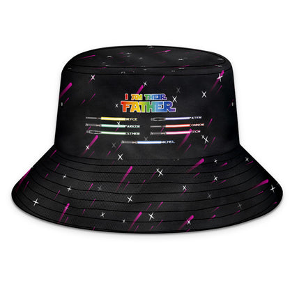 Model wearing personalised lightsaber bucket hat front view — funny personalised cap for fathers and new dads