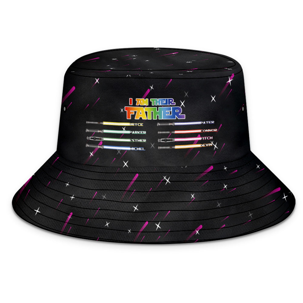 Lifestyle shot of dad wearing personalised lightsaber bucket hat outdoors — custom name gifts for him