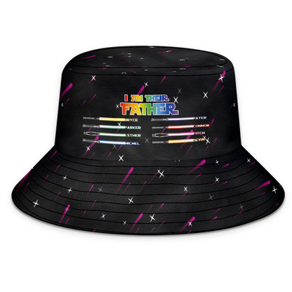Lifestyle shot of dad wearing personalised lightsaber bucket hat outdoors — custom name gifts for him