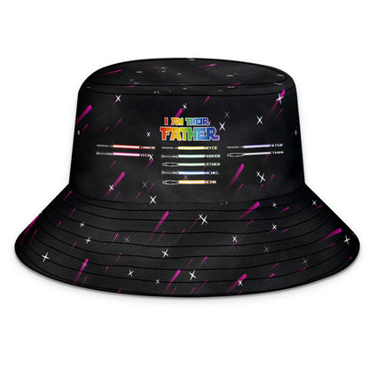 Interior label and care instructions on polyester twill personalised bucket hat — non‑shrinking, easy care fabric
