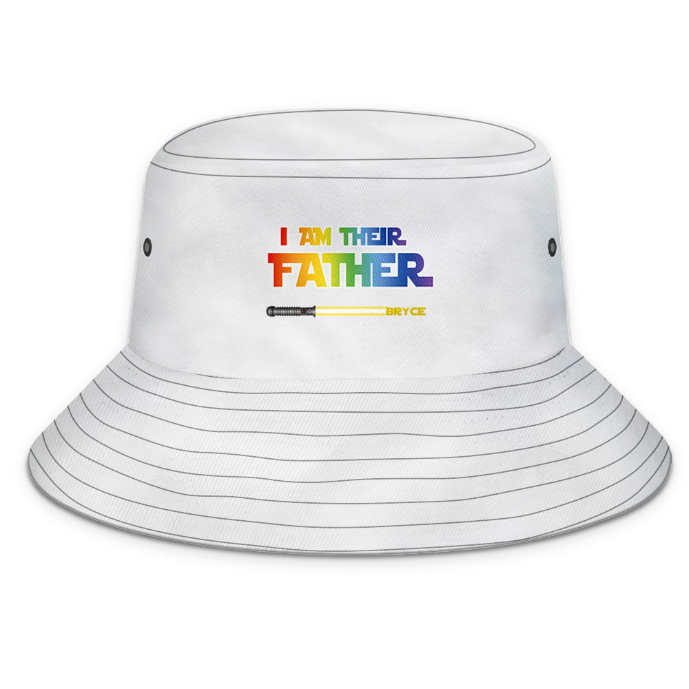 Examples of personalised lightsaber colour combinations on bucket hats — choose colours for each named blade