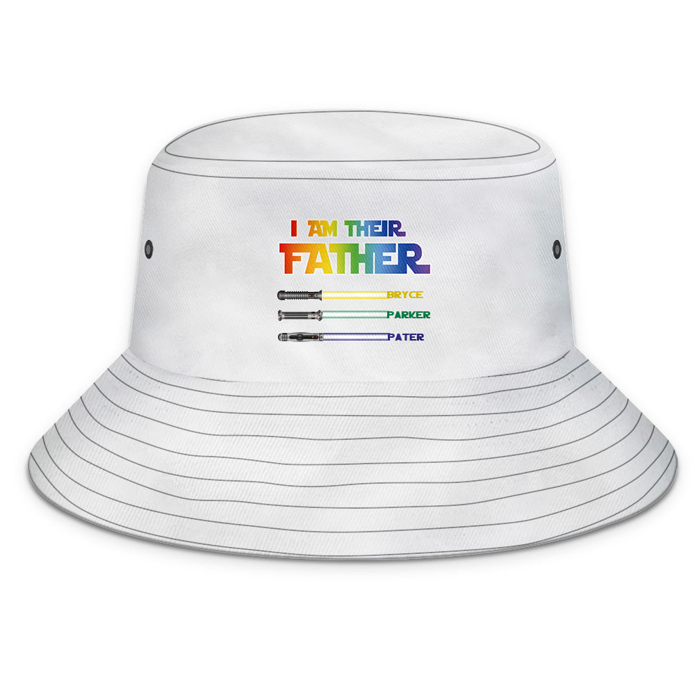 Close‑up of lightsaber hilt print and personalised name placement on bucket hat — custom name gifts for fathers