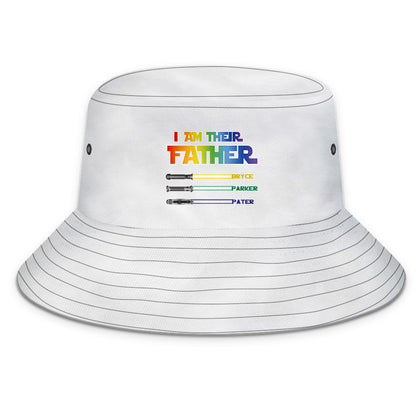 Close‑up of lightsaber hilt print and personalised name placement on bucket hat — custom name gifts for fathers