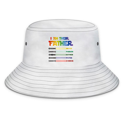 Mockup showing up to nine personalised names on lightsaber bucket hat — perfect first Father’s Day gift