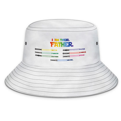 Father holding personalised lightsaber bucket hat with named blades — sentimental personalised gift for dad