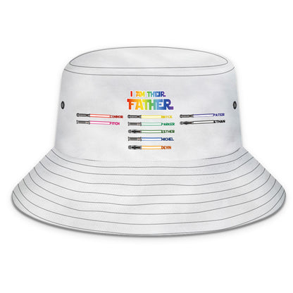 Multiple angles of personalised lightsaber bucket hat showing print, colour and fit — great gifts for dad and men